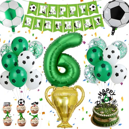 Fußball Luftballons Geburtstagsdeko für Kinder 6 Jahre, Party Deko | Folienballon Zahl 6, Trophäen & Fußball Ballon, Latexballon, Geburtstagsgirlande, Tortendeko, für 6. Geburtstag, Fußballparty