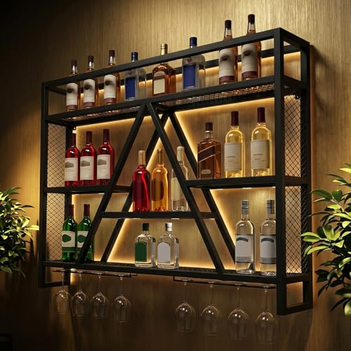 Scaffale per vino da parete con supporto in vetro, a 3 piani, in metallo, montaggio a parete, per bottiglie di vino, per cucina, sala da pranzo, bar (nero, 100 x 15 x 80 cm)