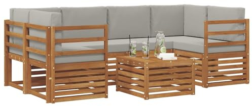 vidaXL Sofagarnituren 7 pcs Natürlich und Hellgrau Massivholz Akazie, Garten-Sofa-Eckgarnitur, strapazierfähiges Lounge-Möbel, modernes Patio-Set für chilliges Terrassenleben