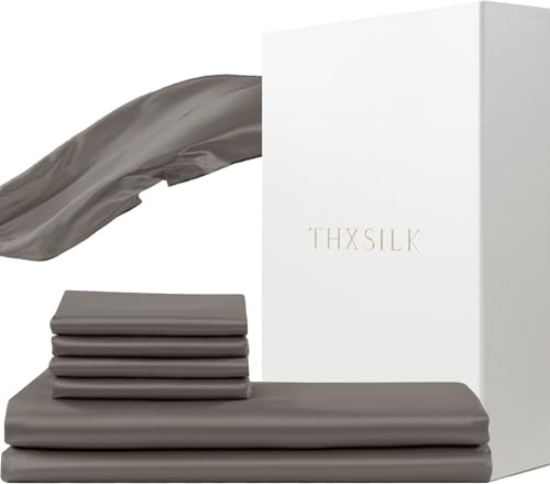 THXSILK Seidenbettwäsche 155x220 3 teilig, Dunkelgrau Luxus Seide Bettwäsche Set Oeko-TEX, Bettbezug 155 x 220 cm und 2 Kissenbezüge 80x80 cm mit Reißverschluss, Super Weich und Glatt