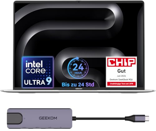 GEEKOM GeekBook M16 Laptop, bis zu 24h, 55W Dauerleistung, Ultra 9 Notebook | 16″ 2K IPS, USB4, 100 W PD-Schnellladen, leise Dual-Lüfter, Fingerprint, 16GB LPDDR5 RAM 512GB SSD, Win 11, Business & Office
