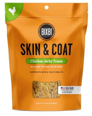 BIXBI Skin & Coat Support Chicken Jerky Dog Treats, 5 oz - USA Made Grain Free Dog Treats - Antioxidant Rich to Support Shiny, Full Bodied Coats - High in Protein, Whole Food Nutrition, No Fillers