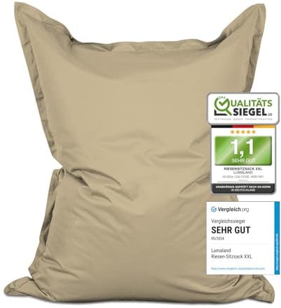 Lumaland Riesen-Sitzsack XXL 140x180 cm | Wasserfestes Indoor & Outdoor Liegekissen mit über 3 Mio. anpassungsfähigen EPS-Perlen | Bean Bag mit waschbarem Bezug & 5 Jahren Garantie [Beige]