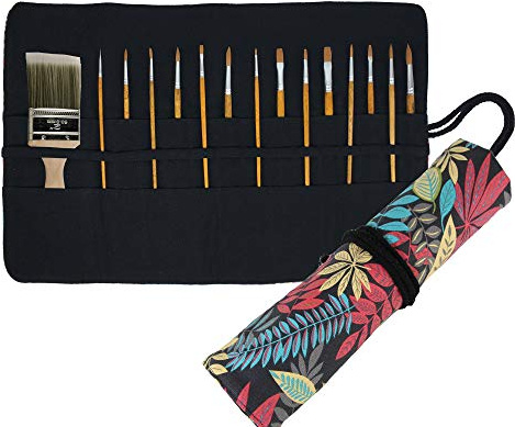 30 Pockets Artist Paint Brush Roll Up Bag Holder Canvas Pouch Case (Colorful Leaf)