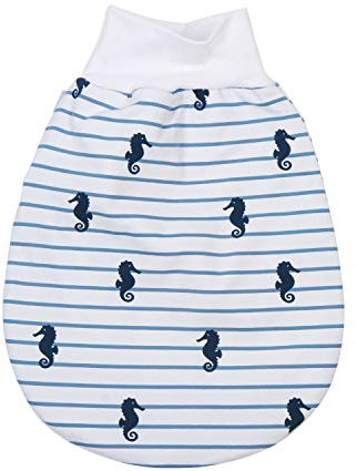 Lilakind“ Baby Kinder Winter Schlafsack Strampelsack Pucksack Gefüttert mit Reißverschluss Streifen Seepferdchen Weiß Blau Gr. M - Made in Germany
