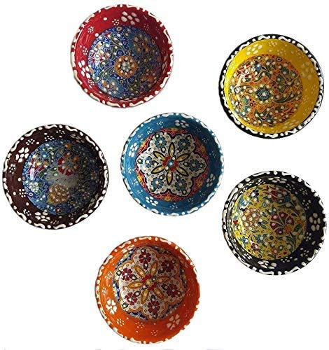 Tubibu Dekorative türkische Keramik-Schüssel-Set mit 6 Stück – handgefertigte Pinch Multicolor Finger kleine Servierschalen (Decco, 8 cm)