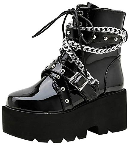Etebella Damen Gothic Plateau Lack Ankle Boots Blockabsatz High Heels Schnürstiefeletten Punk Chain Schnalle Schuhe (Schwarz,34)