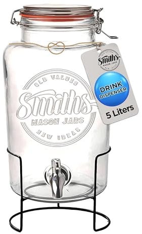 Getränkespender mit Zapfhahn – 5L Getränkespender Glas mit Edelstahlhahn – Limonadenspender & Saftspender – Wasserspender Glas mit Hahn – Getränke Dispenser für Garten, Buffet, Party & Küche
