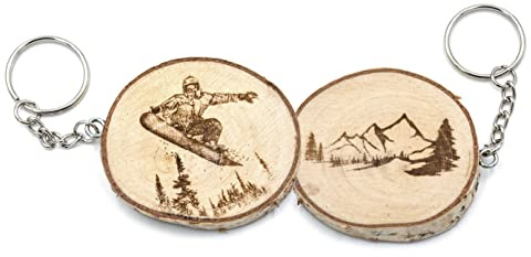 Porte-clés en bois naturel avec snowborder, saut, montagne