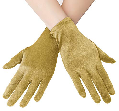 EORUBE Short Opera Satin Gloves for Women Wrist Length Banquet Gloves Tea Party Halloween Costume (Smooth 8.6 - Gold)