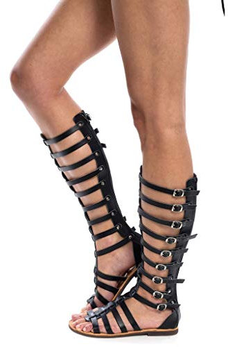 SUNNSEAN Schuhe Sandalen Damen Gladiator Römisch Sandalen Sommer Strand Sandals Riemchensandalen Knie Hohe Stiefel Peep Toe Sandalen Schnürschuhe Elegant Kniehohe Freizeitsandalen