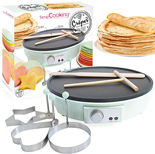 SCRAP COOKING 3899 Crêpière Crêpes Factory, Machine Électrique, avec Plaque Chauffante Anti-Adhésive, Râteau, Spatule & 3 Moules Art, Vert d'eau