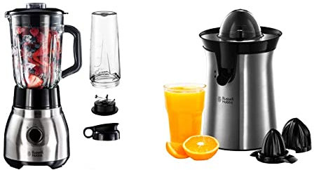 Russell Hobbs Frullatore, 1.5 L, Shaker proteine, Borraccia sport 600 ml, Lama 4 Punte Acciaio Inox Rimovibile & Spremiagrumi Elettrico, Bicchiere Grande e Piccolo, Rotazione bidirezionale