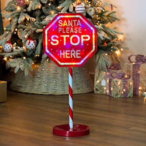 The Christmas Workshop 71679 Santa Please Stop Here Sign / 1m with 45 Multicoloured Lights/Mains Powered/Indoor or Outdoor Festive Decoration