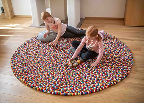 naturling Filzkugel Teppich Bunt 200cm - großer Spielteppich rund - 100% Schurwolle handgemacht (Bunt, 200 cm)