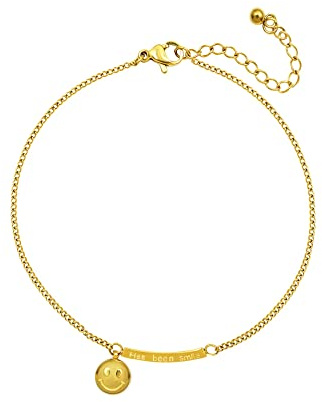 VICKWOOD Damen Fußkette Edelstahl 18K vergoldet 20cm/25cm bis 30cm in Gold/Rose Gold/Silber Layer-Fußkette mit Herz/Zirkonia/Smiley/Plättchen (Smiley-Gold)