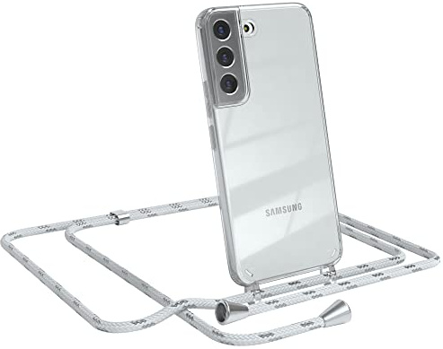 EAZY CASE Handykette kompatibel mit Samsung Galaxy S22 5G Handyhülle mit Umhängeband, Handykordel mit Schutzhülle, Silikonhülle, Hülle, Stylische Kette für Smartphone, Weiß/Silber