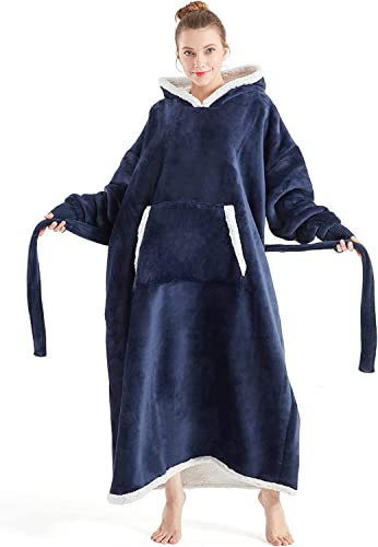 Hoodie Sweatshirt Decke Warm Kuscheldecke mit Ärmeln Flanell Übergroße Kapuzenpullover Erwachsene Ärmeldecke Ganzkörperdecke Oversized TV Decke Tragbar Hoodie für Erwachsene,Marineblau,Länge:150cm