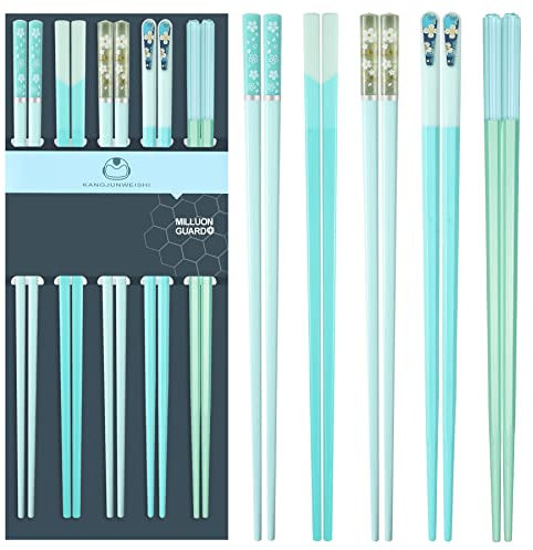 Slivek Chopsticks Reusable Dishwasher Safe, 9.57 inches Premium Non-slip Fiberglass Chop Sticks, Japanese Chinese Korean Chopstick for Party, Green, 5 Pairs