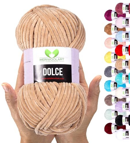 MeriWoolArt Chenille Garn zum Stricken und Häkeln Sand - 100 g und 120 m Samt-Wolle - 100% Flauschige Polyester Strickgarn für Amigurumi Kissen Decken weiche Kleidung Geschenke