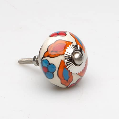 Castelion® Orange and Blue Leaf Ceramic Cabinet Knob | Hardware for Cupboards, Cabinets, Furniture and Doors | Fixing Screw Included | Decorative Home Decor | 40mm x 30mm