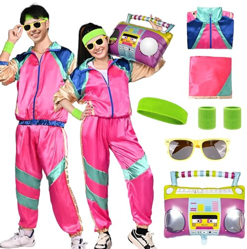 Amycute 80er Jahre Outfit Herren Damen, 80er Trainingsanzug, Jogginganzug 80er Jahre, 80er Jahre Trainingsanzug Jacke Hose Anzug 80er Accessoire, für Faschingskostüm Karneval