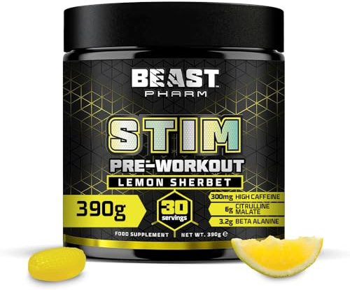 Beast Stim Pre Workout Powder 300mg Caffeine, Beta Alanine - Lemon Sherbet | High Strength Preworkout Powder with Citrulline Malate, 30 Servings, Gym Supplements for Men and Women, Workout Focus, 390g
