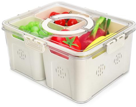 shopwithgreen Aufbewahrungsbehälter für Kühlschrank mit Deckel und Griff, tragbare Lebensmittelbox Behälter mit 3 abnehmbaren Sieben, Frischwarenretter für Obst, Gemüse, Kühlschrank, Küche, Zuhause,