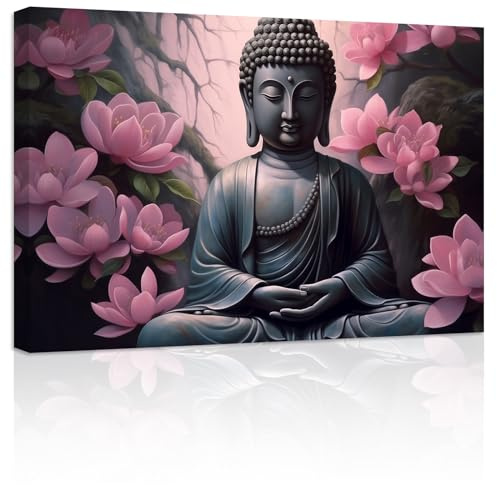 ZXHYWYM Buddha Bilder Buddha Statue und rosa Blumengemälde Drucke Zen Leinwand spirituelle Bilder für Spa Yoga Meditation Buddhismus Gebetsraum Gerahmt (Bild-2, (30.00 x 45.00 cms))