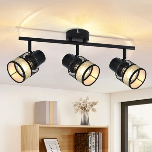 Glitzerlife Deckenstrahler 3 Flammig Schwarz Deckenleuchte - Deckenlampe Metall Gold Vintage E27 LED Deckenspot 330°Drehbar Stoffschirm für Wohnzimmer Schlafzimmer Küche Flur Treppe Esszimmer Max.25W