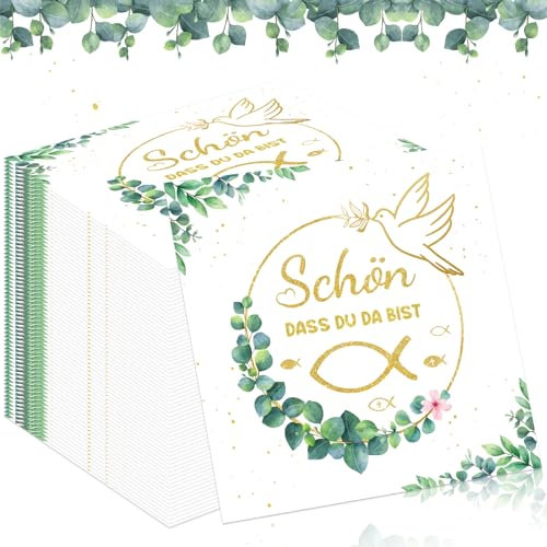 100 Stück Servietten Fisch um Eukalyptus Weiß, Kommunion Servietten, Schön Dass Du Da Bist Servietten, Servietten Eukalyptus Goldene Taube und Fisch, Grün Taufe Kommunion Konfirmation Tischdekoration
