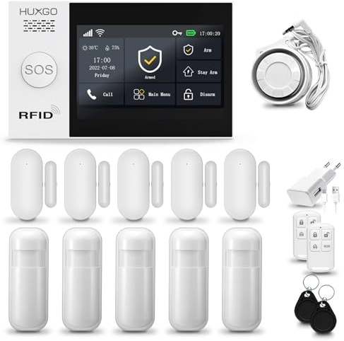 HUXGO® HXA007 Antifurto casa wireless WiFi + GSM 4G con sirena | Kit allarme casa senza fili: 5x rilevatori di movimento, 5x sensori di allarme per finestre/porte | Allarme Casa, Appartamento