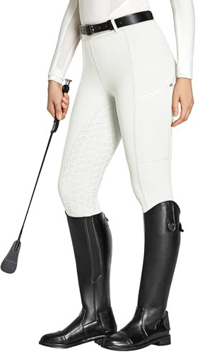 FitsT4 Sports Reitleggings Damen Reithose Mädchen Silikon vollbesatz mit Handytasche und Gürtelschlaufen für Reitsport Pferdetraining,Weiß,S