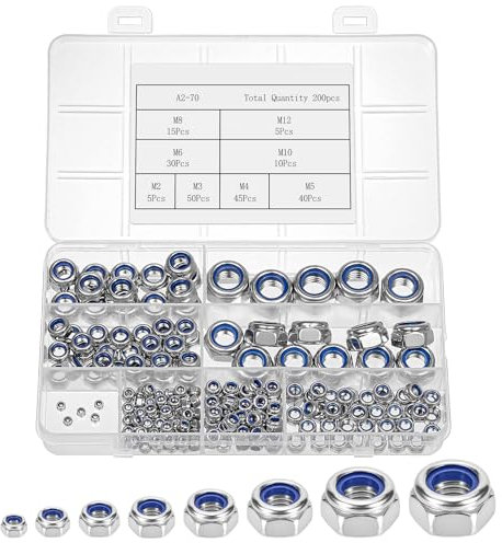 Bczhieulw 200 PCS Dadi autobloccanti, dadi di sicurezza, dadi in acciaio inossidabile A2-70, dadi autobloccanti esagonali in nylon, set di 8 dimensioni di dadi: M2, M3, M4, M5, M6, M8, M10, M12.