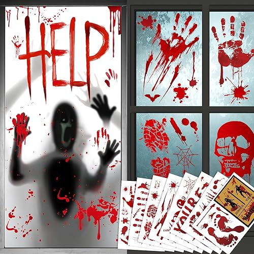 Moxled Halloween Deko Horror, Blutige Handabdruck Fußabdruck Fensteraufkleber, 2 Sets Halloween Tür Fensterbilder & 8 Sets Blutige Mauer Boden Aufkleber 88pcs Blutige Aufkleber für Halloween Party