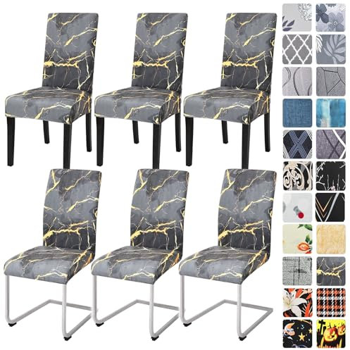 Alishomtll Stretch Stuhlhussen 4er/6er Set Stuhlbezug Schwingstuhl Elastische Esszimmer Stuhlhussen Abnehmbarer Waschbarer Stühle Schutz für Küche Restaurant Hotel Bankett (Marmor, 6 Stück)