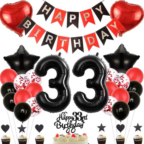 Anlgdi Deko 33. Geburtstag Frau, Tortendeko Geburtstag 33 Jahre Frauen, Rot Schwarz Geburtstagsdeko 33 Jahr Frau, Ballon 33 Geburtstag Mann, Folienballon 33 Geburtstag Männer Frauen Dekoration