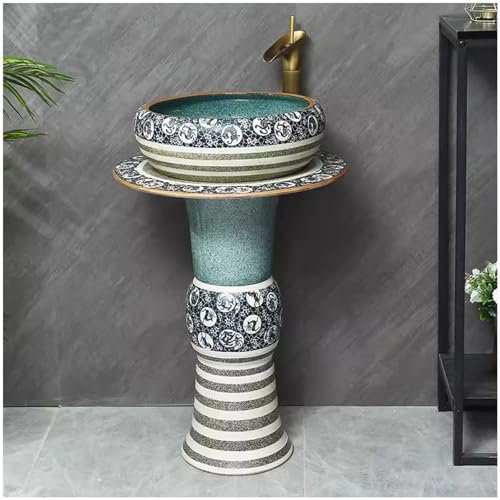 ZTGL Lavabo Rétro sur Colonne, Lavabos de Salle de Bain Céramique Peinte à la Main Rond Vasque, Lave Main Evier de Comptoir Unique Décoration La Maison,3 Piece Set
