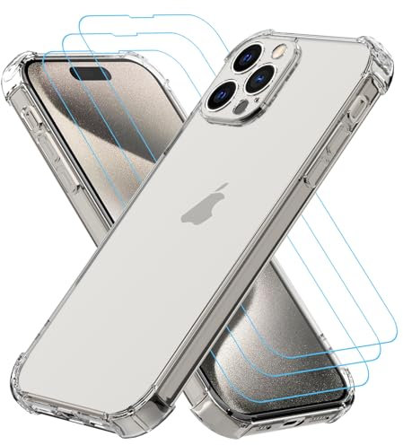 Totill Cover per iPhone 15 Pro Max + 3 vetro temperato protezione schermo, custodia in silicone TPU morbido, antiurto con angoli rinforzati, protezione chiara. (trasparente)