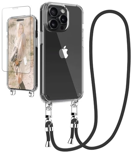 CICIBER Mobile Phone Chain Case for iPhone 16 Pro, Transparent Case with Cord, Rose Gold, Polycarbonate & TPU, Chain Case with Strap & Screen Protector, Hands-Free Necklace Design