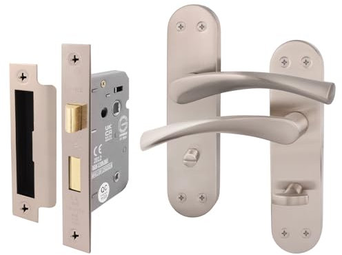 EAI Satin Bathroom Door Handle Set - 1 Pair Satin Nickel Bathroom Handles on Backplate with Lock (64mm) - Novoli Range