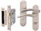 EAI Satin Bathroom Door Handle Set - 1 Pair Satin Nickel Bathroom Handles on Backplate with Lock (64mm) - Novoli Range