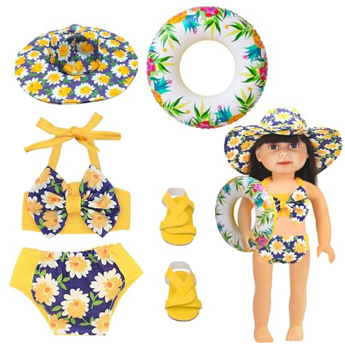 Puppen Badeanzug Set, Puppen Schwimmset Puppenkleidung Sommer, Badeanzug Puppe mit Schwimmring Sandalen Sonnenhut für 18 Zoll Puppen Sommer Wasser Anziehaccessoires