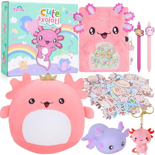 Axolotl Cadeaux pour Filles 5-12 ans, Jouet en Peluche Axolotl avec Journal Secret, Serrure et Clés, Stylo, Autocollants, Porte-clés, Cadeaux d'anniversaire pour Enfants, Set de Journal Axolotl Mignon
