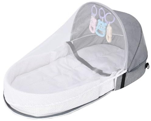Tragbares Kinderbett für Baby 0-12 Monate halb geschlossene Reißverschlüsse faltbarer Krippe mit Netzbildschirm und hängenden Spielzeug atmungsaktiven, waschbaren tragbaren Stuhlgas für Reise, A