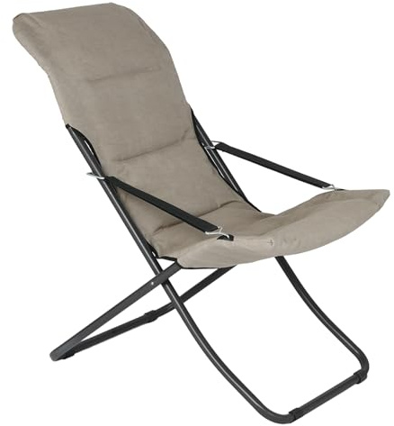 Sicignano – Liegestuhl aus Hanf, faltbar, 70 x 80 x 135 cm, Rohr Ø 25 cm, schwarz, Kissen aus Polycotton, Taupe mit Harzfüllung, Gestell aus Metall für den Außenbereich, Garten, Strand, Balkon