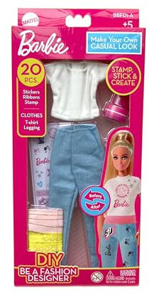 Barbie DIY Fashion Designer Set - Make Your Own Casual Look | Includes T-Shirt, Leggings, Stickers, Ribbons & Stamp | Creative Fashion Toy Kit for Kids Ages 5+