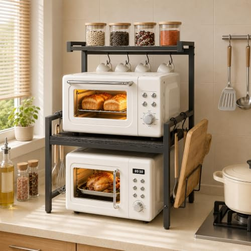 MAHANCRIS Mikrowellen Regal 2-stufig, Regal über mikrowelle, Mikrowellenständer mit Schneidebretthalter, Küchenaufbewahrung Organizer mit 8 Haken, Regal für die Küche, Schwarz ABRBK5301