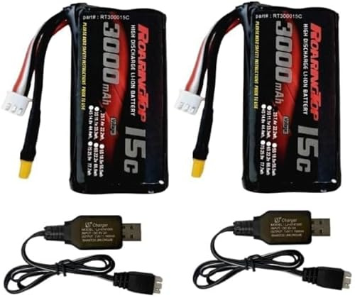 RoaringTop Batterie 7,4V 3000mAh 2S Rechargeable Li-ION RC Batterie avec Prise XT30 et 2 Câble de Charge USB pour Excavatrices RC et Bateaux télécommandés (2 PCS)