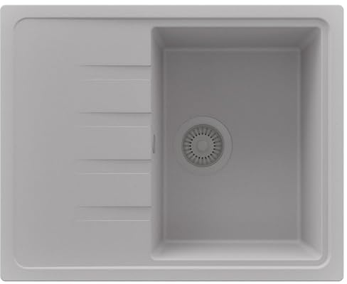 PRIMAGRAN Spülbecken ab 40er Unterschrank + Ablauf-Set, 62x50cm | Set: Ablauf-Set (Siphon, Ablaufgarnitur, Überlauf) + Granitspüle 1 Becken - Mailand, Alles Grau